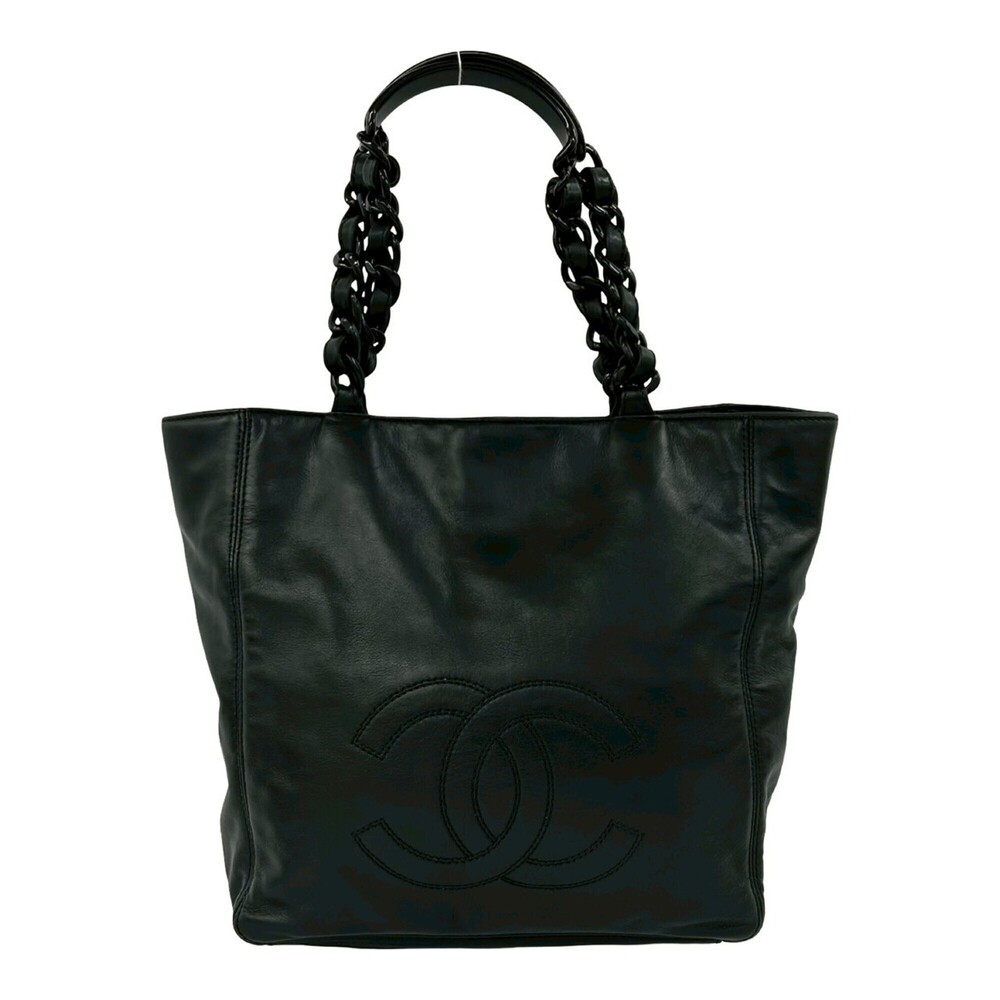 CHANEL Black Lambskin Leather Logo Bag